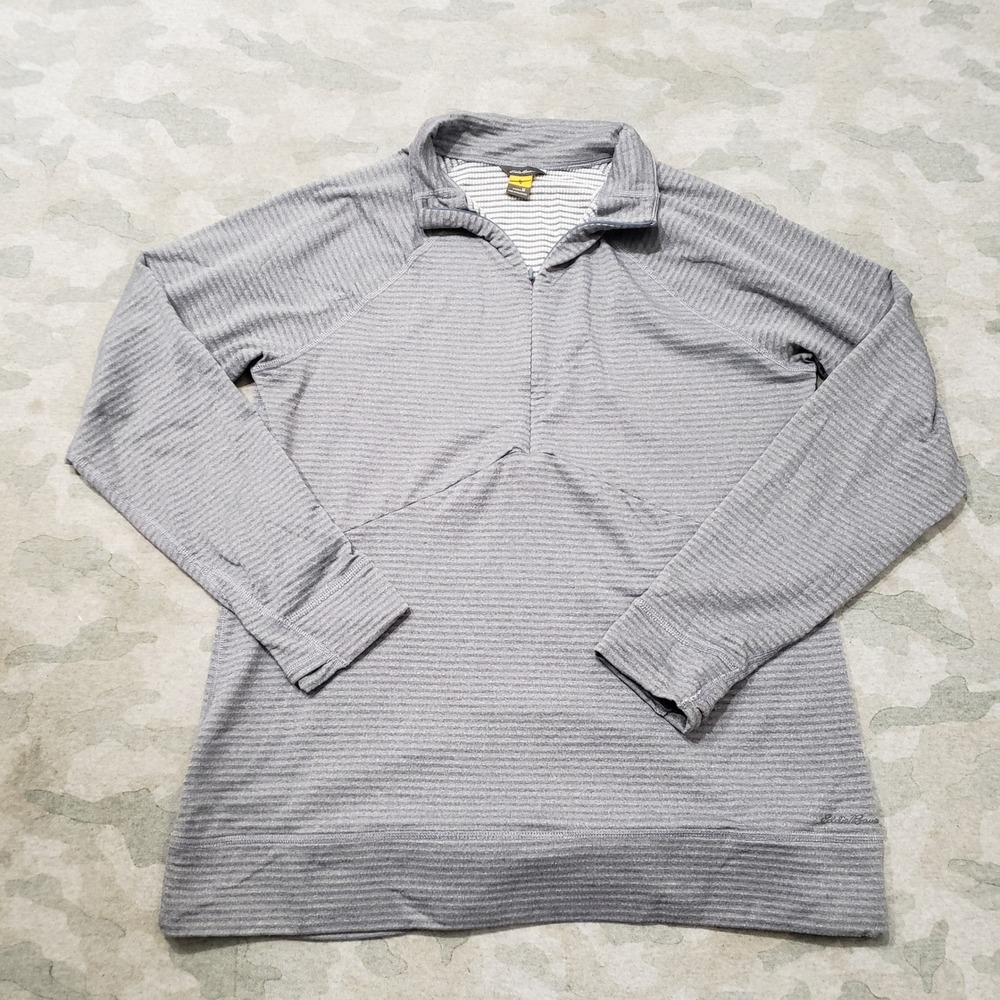 Eddie Bauer Top Women Medium Gray Striped Quarter Zip Activewear Long Sleeve